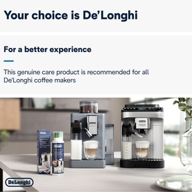 Delonghi MultiClean Milk System Cleaner 250ml shown alongside De'Longhi coffee machines in a lifestyle kitchen setting.