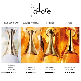 Dior J'adore fragrance range showing four variants: Parfum d'Eau, Eau de Parfum, Intense, and L'Or, each in distinctive gold-toned bottles