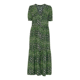 Whistles Fluro Animal Collar Dress in green leopard print, short sleeves, V-neck, oversized collar, tiered frill hem