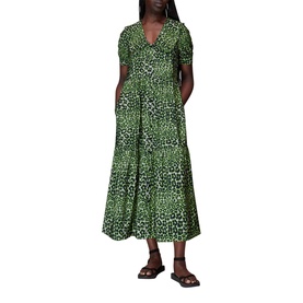 Model wearing Whistles Fluro Animal Collar Dress in green leopard print, V-neck, short sleeves, tiered midi length, styled with brown sandals