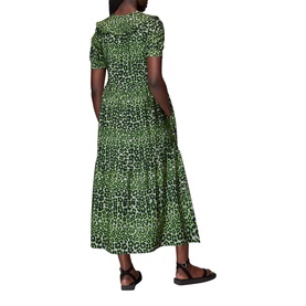 Model wearing Whistles Fluro Animal Collar Dress in green leopard print, short sleeve midi length, shown from back with black sandals