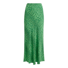Whistles Leopard Petals Bias Cut Skirt in green leopard print, bias cut with flared hem, 100% viscose maxi length