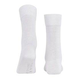 Falke Sensitive London Socks in white, calf-length, shown front and back, with pressure-free cuffs and flat seams