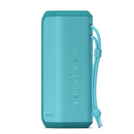 Sony SRS-XE200 Portable Wireless Speaker in blue, upright view showing control buttons and teal fabric carry strap