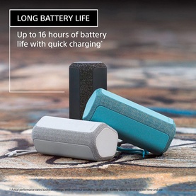 Sony SRS-XE200 Portable Wireless Speaker in blue, shown alongside grey and black variants with long battery life text overlay