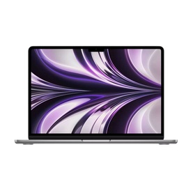 Apple MacBook Air M2 10-Core GPU 8GB 512GB 2022 in Space Grey, open, displaying abstract wave screensaver on Liquid Retina display