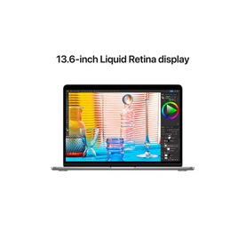 Apple MacBook Air M2 open laptop displaying 13.6-inch Liquid Retina screen with colourful graphic design software on screen, space grey finish