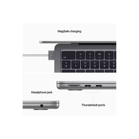 Apple MacBook Air M2 in Space Grey, showing MagSafe charging port, headphone jack, and Thunderbolt ports in detail callout shots