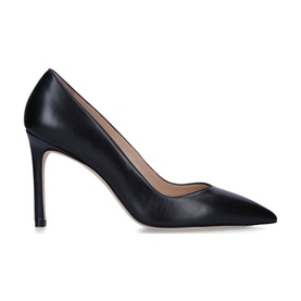 Stuart Weitzman Anny 95 Pointed Toe Pumps in black leather with stiletto heel, pointed toe, and tan leather insole