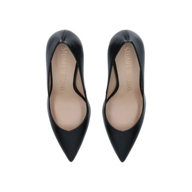 Stuart Weitzman Anny 95 Pointed Toe Pumps in black leather, top-down view showing pointed toe silhouette and nude leather insole