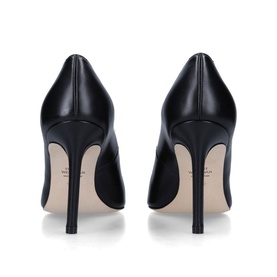 Stuart Weitzman Anny 95 Pointed Toe Pumps in black leather, stiletto heel, shown from rear angle with nude leather sole visible