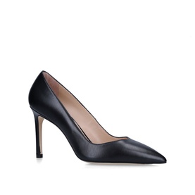 Stuart Weitzman Anny 95 Pointed Toe Pumps in black leather with stiletto heel, smooth upper, and leather sole