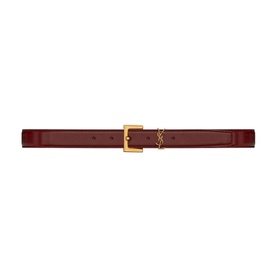 Saint Laurent Cassandre Square Buckle Belt in burgundy leather with gold-tone square buckle and YSL monogram loop detail