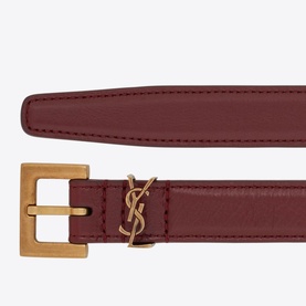 Saint Laurent Cassandre Square Buckle Belt in burgundy leather with bronze-tone square buckle and YSL monogram loop detail