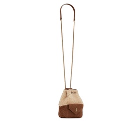 Saint Laurent Joe Shearling and Suede Mini Bucket Bag in brown, with long adjustable strap, bronze hardware, and front flap pocket with logo detail