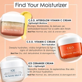 Sunday Riley moisturiser comparison guide showing CEO Afterglow Vitamin C Cream, CEO Vitamin C Cream, and Ice Ceramide Cream with product benefits