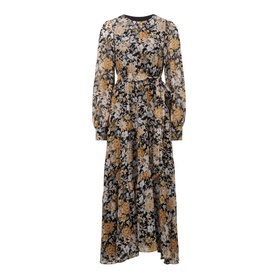 Forever New Neve Floral High Neck Midi Dress in multi, black and gold floral print, blouson sleeves, flowing skirt with removable waist tie