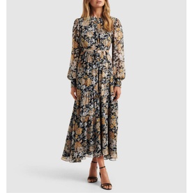 Model wearing Forever New Neve Floral High Neck Midi Dress in multi, black floral print, blouson sleeves, flowing skirt