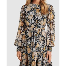 Model wearing Forever New Neve Floral High Neck Midi Dress in multi, featuring blouson sleeves, cinched waist tie, and floral print