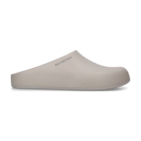 Balenciaga Clog Pool Slides in white, closed-toe moulded rubber slip-on with embossed logo detail and flat rubber sole