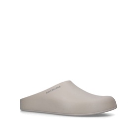 Balenciaga Clog Pool Slides in white, closed-toe moulded rubber slip-on design with embossed logo and matching rubber sole