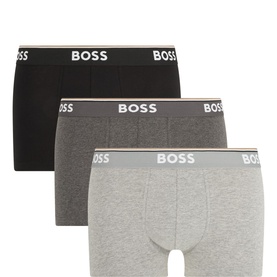 Hugo Boss Three-Pack Power Solid Colour Boxers in grey, black and charcoal with branded elasticated waistbands