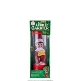 Elf on a Shelf Scout Elf Carrier, red and white elf figure in clear cylindrical carry case, 3-piece set