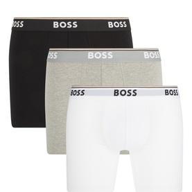 Hugo Boss Three-Pack Power Boxers in black, grey and white with branded elasticated waistbands and longer leg length