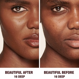 Charlotte Tilbury Beautiful Skin Radiant Concealer shade 16 Deep before and after comparison on deep skin tone model