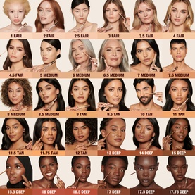 Charlotte Tilbury Beautiful Skin Radiant Concealer shade range shown across 28 models with diverse skin tones, from Fair to Deep.