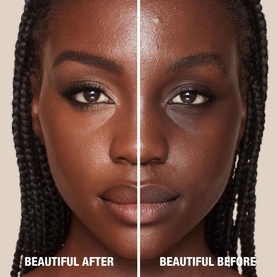 Charlotte Tilbury Beautiful Skin Radiant Concealer before-and-after split showing coverage and radiance results on deep skin tone