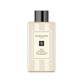 Jo Malone Wild Bluebell Body & Hand Wash in striped cream bottle with black cap, 100ml