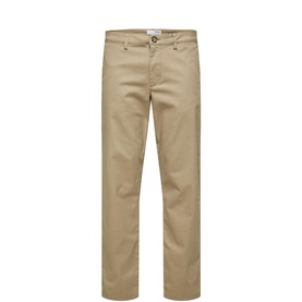 Selected Miles Straight Fit Chinos in sand, regular waist, zip and button fastening, belt loops, back welt pockets