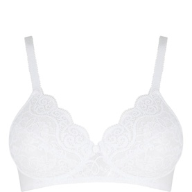 Triumph Amourette 300 Non-Wired Padded Bra in white with lace detailing, soft padded cups, and adjustable straps