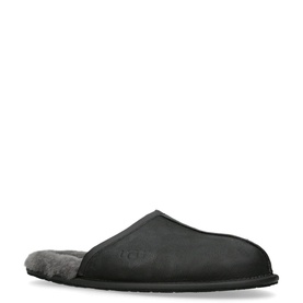 UGG Australia Scuff Leather Slippers in black, slip-on style with grey shearling lining and leather sole