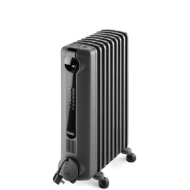 Delonghi Radia S Oil Filled Radiator in black, with fin panels, dial controls, and castor wheels on white background