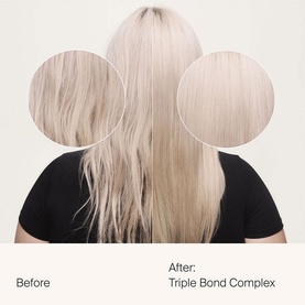 Living Proof Triple Bond Complex before and after treatment comparison showing improved smoothness and shine on long blonde hair
