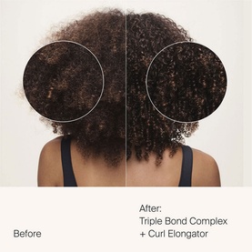 Living Proof Triple Bond Complex before and after treatment comparison showing improved curl definition and reduced frizz on natural hair