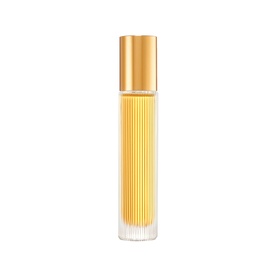 Slim cylindrical fragrance bottle with gold ribbed detail and gold cap, clear glass base on white background