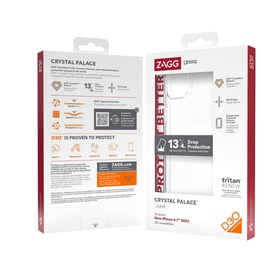 Zagg Gear4 Crystal Palace iPhone case in clear, shown in packaging with D3O drop protection branding and product details visible