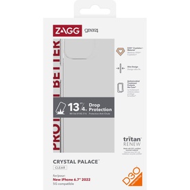 Zagg Gear4 Crystal Palace clear iPhone case with drop protection packaging, showing slim transparent design and D3O protection details