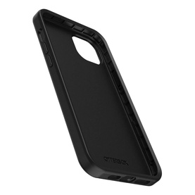 Otterbox Symmetry Apple iPhone 14 Plus Case in black, showing textured back panel and raised edge protection detail