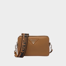 Prada Accessories Leather Shoulder Strap Bag in brown leather, gold hardware, triangle logo, double zip, woven logo-print strap