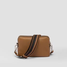 Prada Accessories Leather Shoulder Strap Bag in brown with silver hardware, double zip closure, and detachable striped woven tape crossbody strap
