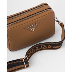 Prada Accessories Leather Shoulder Strap Bag in brown leather, silver hardware, triangle logo, double zip, woven logo-print strap
