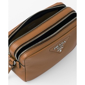 Prada Accessories Leather Shoulder Strap Bag in brown, open view showing interior, double zip closure and silver-tone metal hardware