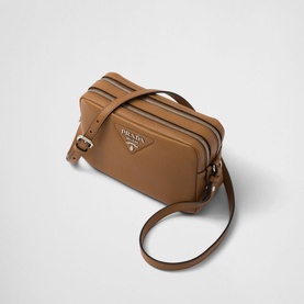 Prada Accessories Leather Shoulder Strap Bag in brown with silver-tone hardware, double zip closure, and adjustable leather shoulder strap