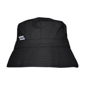 Rains Bucket Hat in black, water-resistant polyester with structured wide brim and small logo label