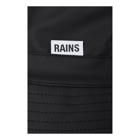 Rains Bucket Hat in black, water-resistant polyurethane-coated fabric with visible stitched brim detail and white logo patch