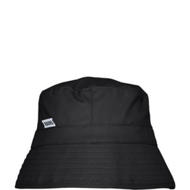 Rains Bucket Hat in black, water-resistant polyester with structured wide brim and small logo label